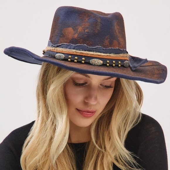 Blue Boho Western Rustic Fabric Band Cowboy Hat Brim Womens Statement Accessory - Picture 2 of 6